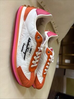 Salvatore Ferragamo White Sneakers with Orange & Pink Accents